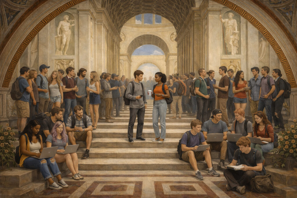 A modern interpretation of the classic fresco, "The School of Athens," by Raphael.